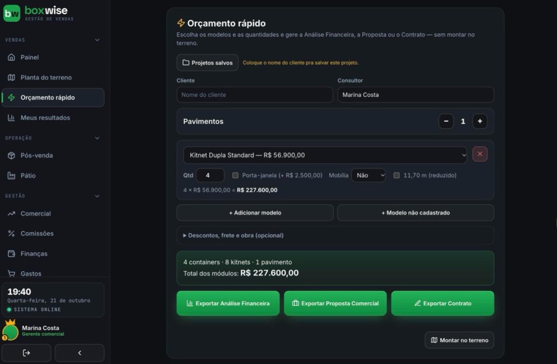 Orçamento rápido com exportação de proposta e contrato